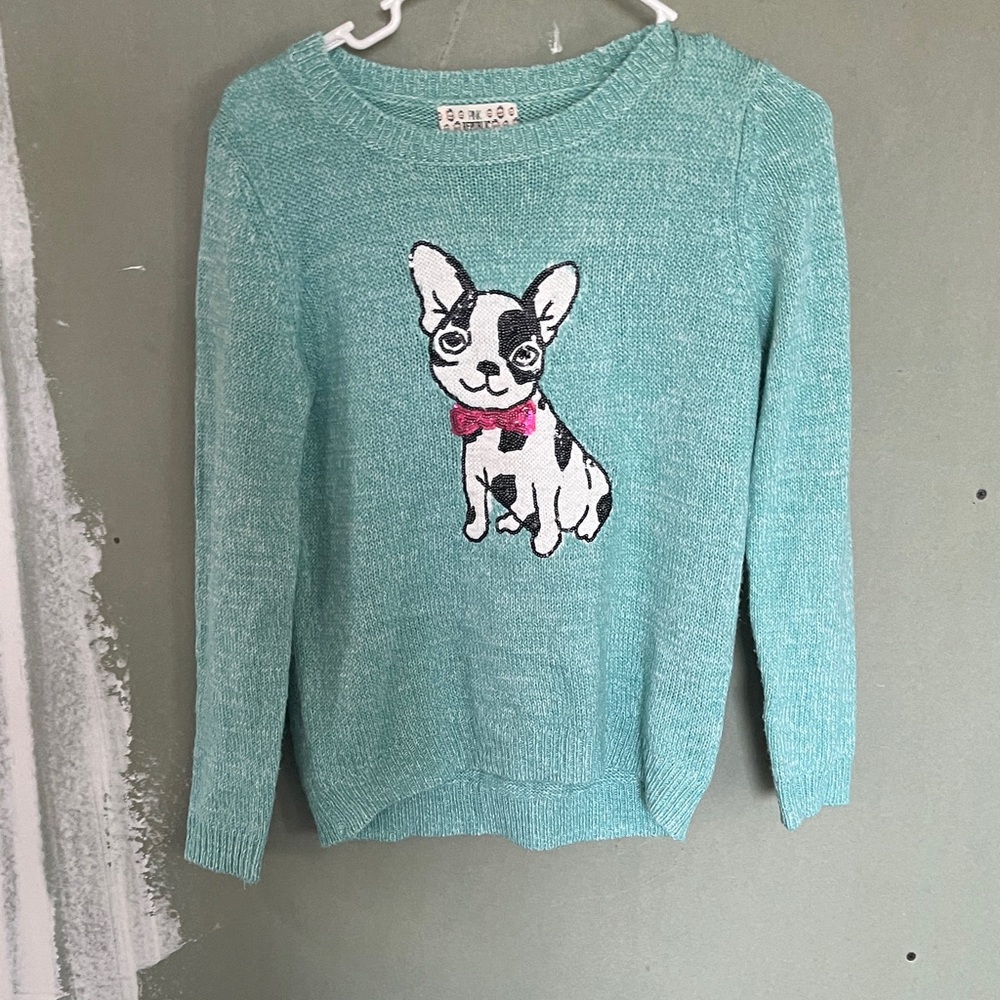 Aqua Knit Sweater with Puppy Intarsia